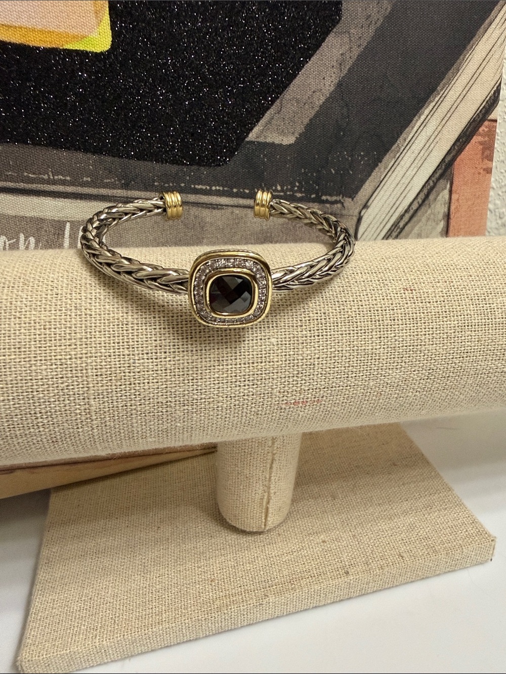 David Yurman Two-Tone Cable Bracelet with Black Onyx Center